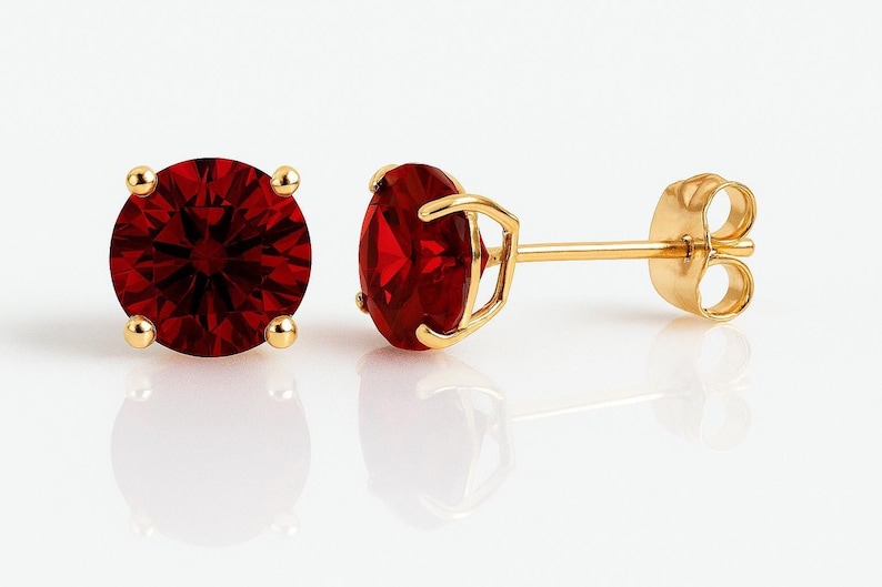 14K Solid Gold Round Cut Birthstone Basket Set Earrings| Pushbacks Birthstone Studs | 3mm 4mm 5mm 6mm | Garnet | Ruby | Sapphire | Emerald image 1