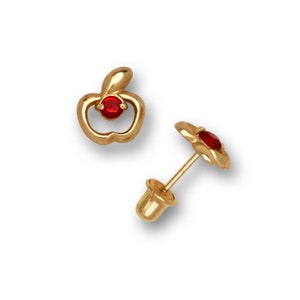 May include: A pair of gold apple-shaped earrings with red gemstone accents. The earrings are designed with a simple, classic style.