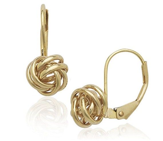 14K Pure Solid White/Yellow Gold Love Knot Dangle Drop Leverback Earrings (Available in Multiple Sizes)