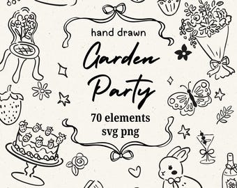 Party Whimsical hand drawn SVG Doodle – 70 garden party Invitation elements | Cottagecore Wedding Floral SVG PNG | Invitation, Party, Decor
