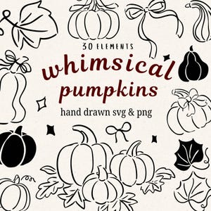 Pode incluir: Uma coleção de ilustrações de abóboras desenhadas à mão em preto e branco. A imagem inclui várias formas de abóboras, folhas e laços, com o texto "whimsical pumpkins" e "hand drawn svg & png".