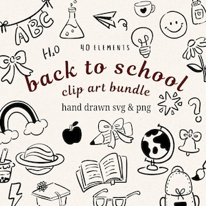 May include: A set of hand-drawn black and white clip art elements with a 'Back to School' theme. Includes an ABC banner, a rainbow, a globe, a pencil, a book, and a backpack. The text "back to school clip art bundle" is also present.