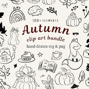 Fall Clipart Bundle SVG PNG – 100+ Black and White Line Art for Stickers, Invitations, Journals, Crafts Pumpkins, Leaves, Cozy Autumn Doodle