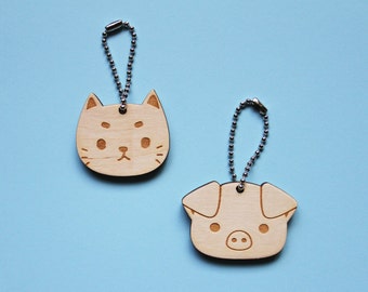 Pig & Cat Birch Wood Keychains