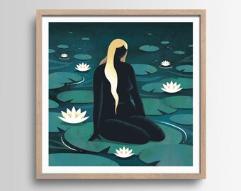 12 x 12 Inch Wall Art, Illustration Print, My Body Is My Temple, Lotus Lily Pad Lady