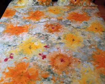 Hand-Dyed Flower Design Tie-Dye Sheet Set: CALENDULA, King Size