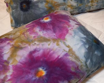 Hand-Dyed Pillowcases (Set of 2) Ice Tie-Dye : Standard/Queen, "Purple & Blue Flowers"
