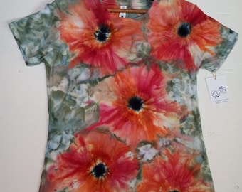 Hand-Dyed Flower Design Tie-Dyed T-Shirt: Women's Medium, "Gerber Daisies"