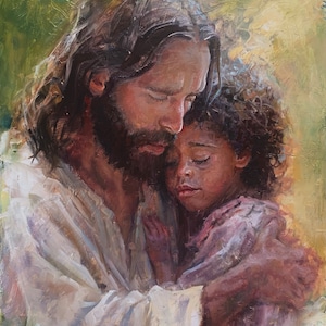 Low Shipping! &quot;Safe in His Arms”. Christ hugging a young girl.