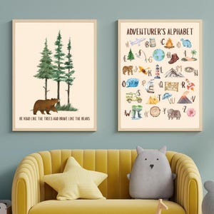 Lámina infantil con alfabeto de aventuras: arte mural de la A a la Z, decoración infantil, regalo para baby shower, póster del alfabeto, temática de aprendizaje y exploración.
