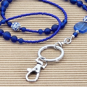 Blue Beaded Lanyard: Sea Glass Accent, Magnetic Clasp
