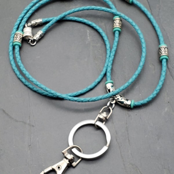 3mm BOLO DROP- Leather Lanyard, Lanyard, Bolo Leather Lanyard, Teacher Gift, ID Badge Holder, Turquoise, Brown and Black, Badge Holder