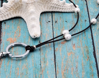 Leather Lanyard with Freshwater Pearls: Teacher ID Badge Holder