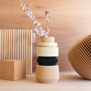 Peut inclure: Un ensemble de vases en bois empilés avec un motif rayé noir et blanc, un vase noir et un vase blanc. Les vases sont disposés en forme de pyramide et reposent sur une surface en bois. Un arrangement de fleurs séchées se trouve dans le vase du haut.