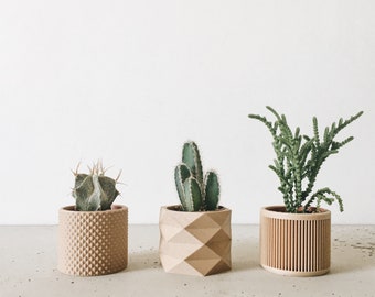 Set of 3 small indoor wooden pots - Original gift for plant lover !