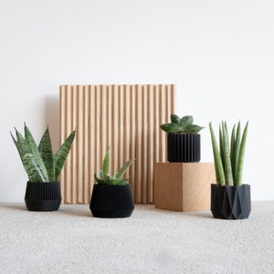 Peut inclure: Quatre pots géométriques noirs avec des motifs différents, chacun contenant une plante succulente verte. Les pots sont disposés sur une surface gris clair devant un panneau mural en bois.