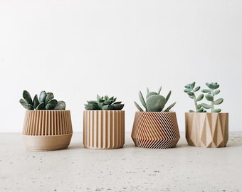 Set aus 4 kleinen, geometrisch bedruckten Pflanzgefäßen aus Holz – originelles Geschenk