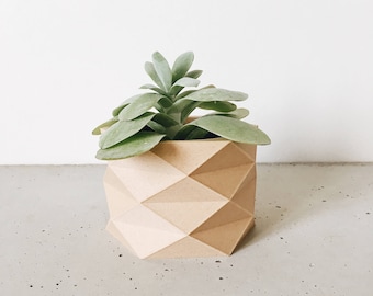 Cache pot design géométrique / Low poly imprimé en bois , pattern ORIGAMI - parfait pour plantes grasses et cactus DIAMANT Cadeau Original
