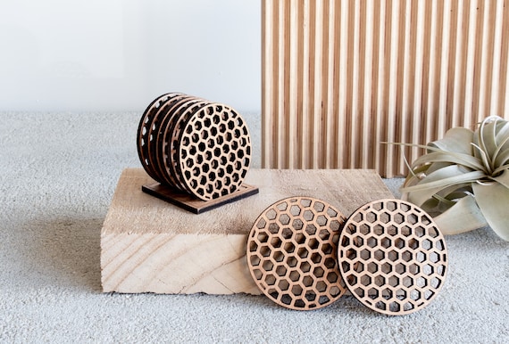 幾何学模様の木製コースター 6 枚セット - HEX - Etsy 日本