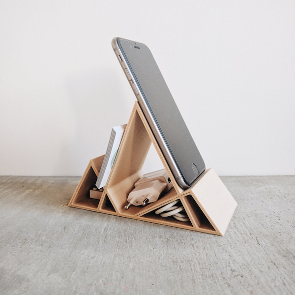 Geometrischer minimalistischer Holz-Dock/Ständer für iPhone 6 6s 6Plus 7 7Plus Smartphone Visitenkarten Schreibtisch-Organizer