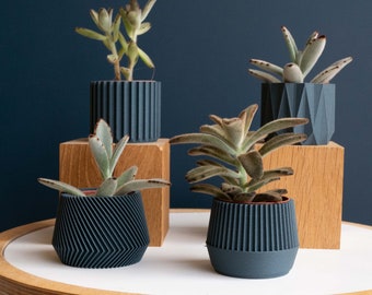 Set van 4 kleine geometrische plantenbakken bedrukt in indigoblauw hout - Origineel cadeau