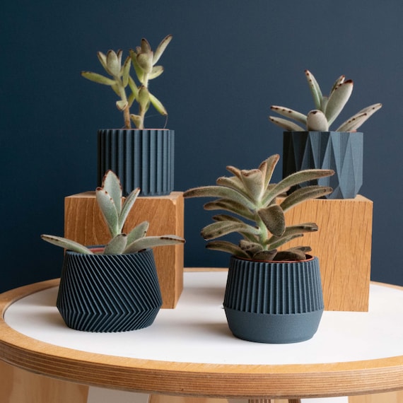 Set de 4 Mini Cache-Pots Géométriques Bleu Foncé - Pot Succulente et Cactus - Déco Bureau Scandinave - Cadeau Maison Moderne