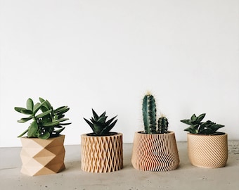 Set de 4 petits Cache pots Jardinières Bois parfaits pour succulente cactus - Design Géométrique et Minimaliste / Cadeau pour Elle Mariage