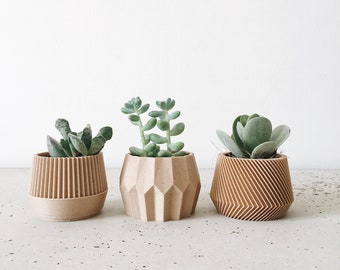 Set aus 3 kleinen, geometrisch bedruckten Pflanzgefäßen aus Holz