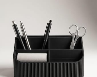 Black Wood Desk Organizer, Minimalist Matte Black Pencil Holder, Fluted Modern Office Decor and Desktop Storage, Sleek Desk Tidy Gift