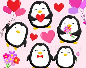 May include: A set of 10 Valentine's Day themed penguin illustrations. The penguins are holding hearts, flowers, and balloons. The illustrations are in a cartoon style and are perfect for use in digital scrapbooking, card making, and other craft projects.