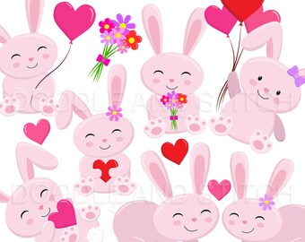 Love Bunny Clipart, Valentines Day Bunnies, Cute Bunny Clip Art, Pink Rabbit Designs, Commercial Use, Valentines Bunny Graphics