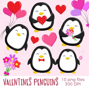 Valentinstag-Pinguin-Clipart-Set, niedlichen Pinguin Clip Art, Valentines Illustrationen, kommerzielle Nutzung Clipart, Liebe Herz Pinguin Designs