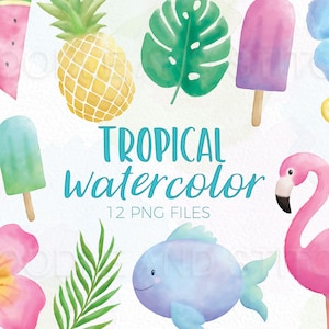 Tropical Summer Watercolor Clipart Illustrations, Tropical Watercolour Clip Art Designs, Flamingo Illustration, Commercial Use Summer Design