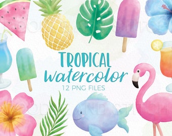 Tropical Summer Watercolor Clipart Illustrations, Tropical Watercolour Clip Art Designs, Flamingo Illustration, Commercial Use Summer Design