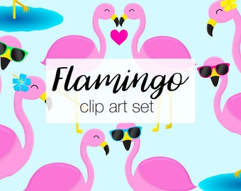 Flamingo Clip Art Set, Funky Flamingo Clipart Illustrations, Flamingos in Sunglasses, Tropical Clipart Designs, Summer Holiday Pictures