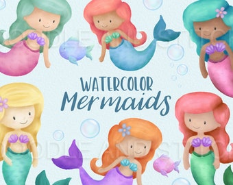 Aquarel zeemeermin clipart ontwerpen, schattige zeemeermin clip art illustraties, mooie zeemeermin commercieel gebruik clipart, zeemeermin aquarel