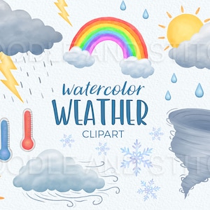 Watercolor Weather Clipart, Watercolor Clouds, Weather Icons, Sun Rain Cloud Illustrations, Weather Illustrations, Commercial Use
