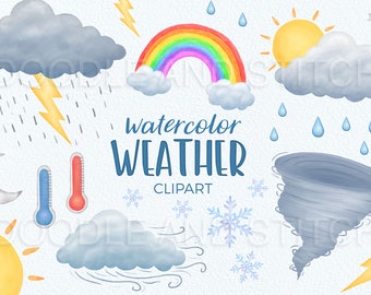 Watercolor Weather Clipart, Watercolor Clouds, Weather Icons, Sun Rain Cloud Illustrations, Weather Illustrations, Commercial Use