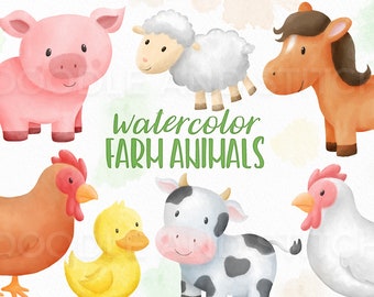 Watercolor Farm Animals Clipart, Cute Watercolour Farm Animal Illustrations, Cute Pig Clip art, Watercolor Cow Designs, Commercial Use