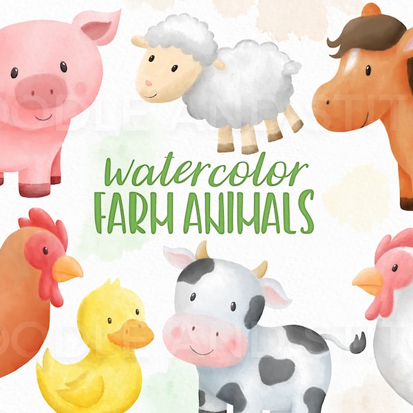 Watercolor Farm Animals Clipart, Cute Watercolour Farm Animal Illustrations, Cute Pig Clip art, Watercolor Cow Designs, Commercial Use