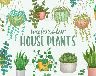 Watercolor Plants Clipart Designs, Indoor Plants Clip Art Illustrations, Watercolour House Plants Clipart Pictures, Home Decor Illustrations