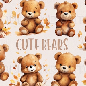 Watercolor Bear Clipart Illustrations, Cute Teddy Bear Clip Art Designs, Autumn Fall Woodland Animal Commercial Use Clipart