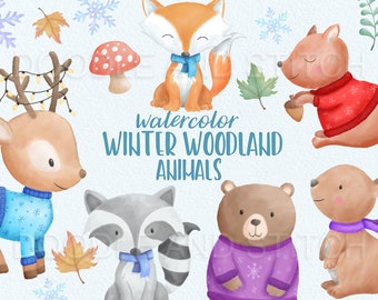 Winter bos dieren clipart, aquarel bos dieren illustraties, kerst dieren illustraties, winter bos dieren ontwerpen