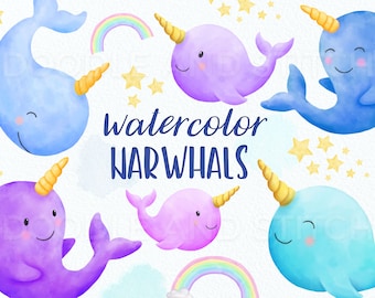Narwal Aquarell Clipart, niedliche Aquarell Narwal Illustrationen, Narwale und Regenbogen Clip Art Designs, kommerzielle Nutzung