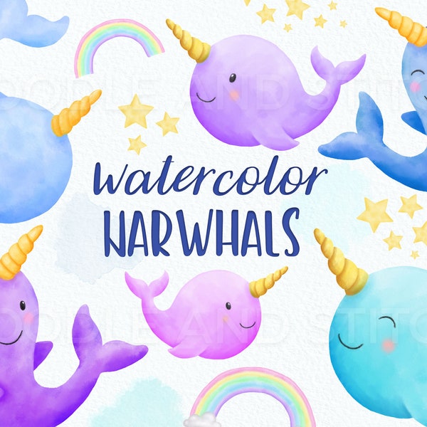 Narwhal Watercolor Clipart, Cute Watercolour Narwhal Illustrations, Narwhals and Rainbows Clip Art Designs, Commercial Use