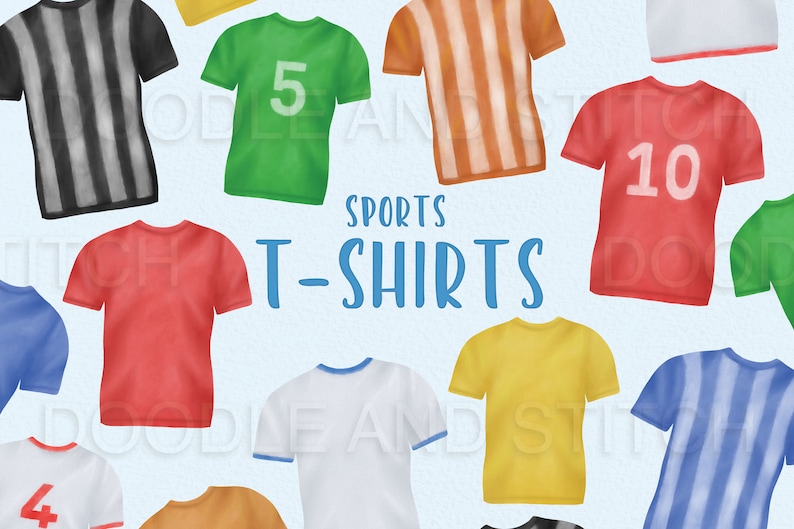 Puede incluir: Una colecci&oacute;n de camisetas deportivas de colores con varios dise&ntilde;os y n&uacute;meros. Las camisetas est&aacute;n dispuestas en c&iacute;rculo con el texto "SPORTS T-SHIRTS" en el centro.