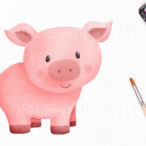 May include: A watercolor illustration of a pink pig with a curled tail. The pig has a friendly expression and is standing on all four legs.