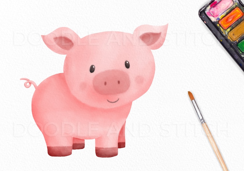May include: A watercolor illustration of a pink pig with a curled tail. The pig has a friendly expression and is standing on all four legs.