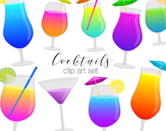 May include: A set of nine colorful cocktail illustrations with various shapes and sizes. Each cocktail has a straw and a small umbrella. The text "Cocktails clip art set" is written below the images.