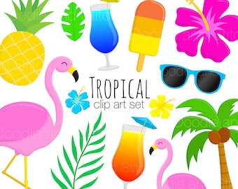 Tropical Clipart Pictures, Summer Clip Art Set, Flamingo Illusrations, Holiday Digital Designs